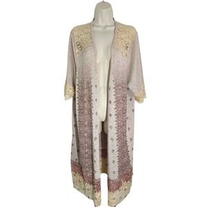 Vocal USA Boho Lace Trimmed Kimono Cardigan Beige Paisley Rhinestone Embellished